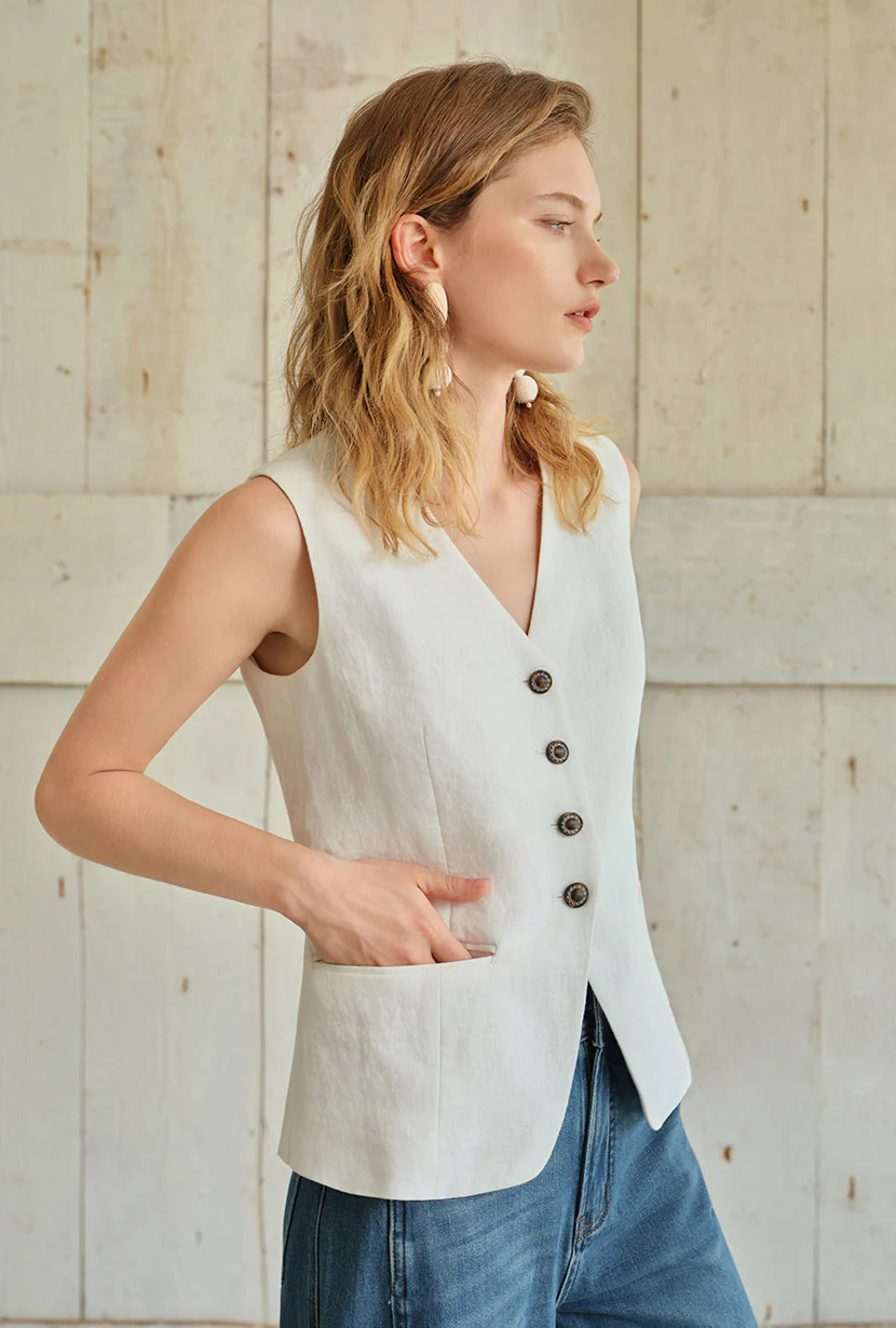 Darien Linen Vest - Ivory - Image 9