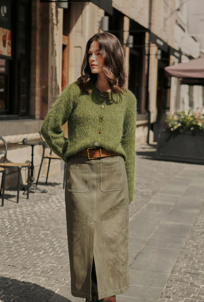 Debbie Suede Pencil Skirt - Kahki Green - Image 2