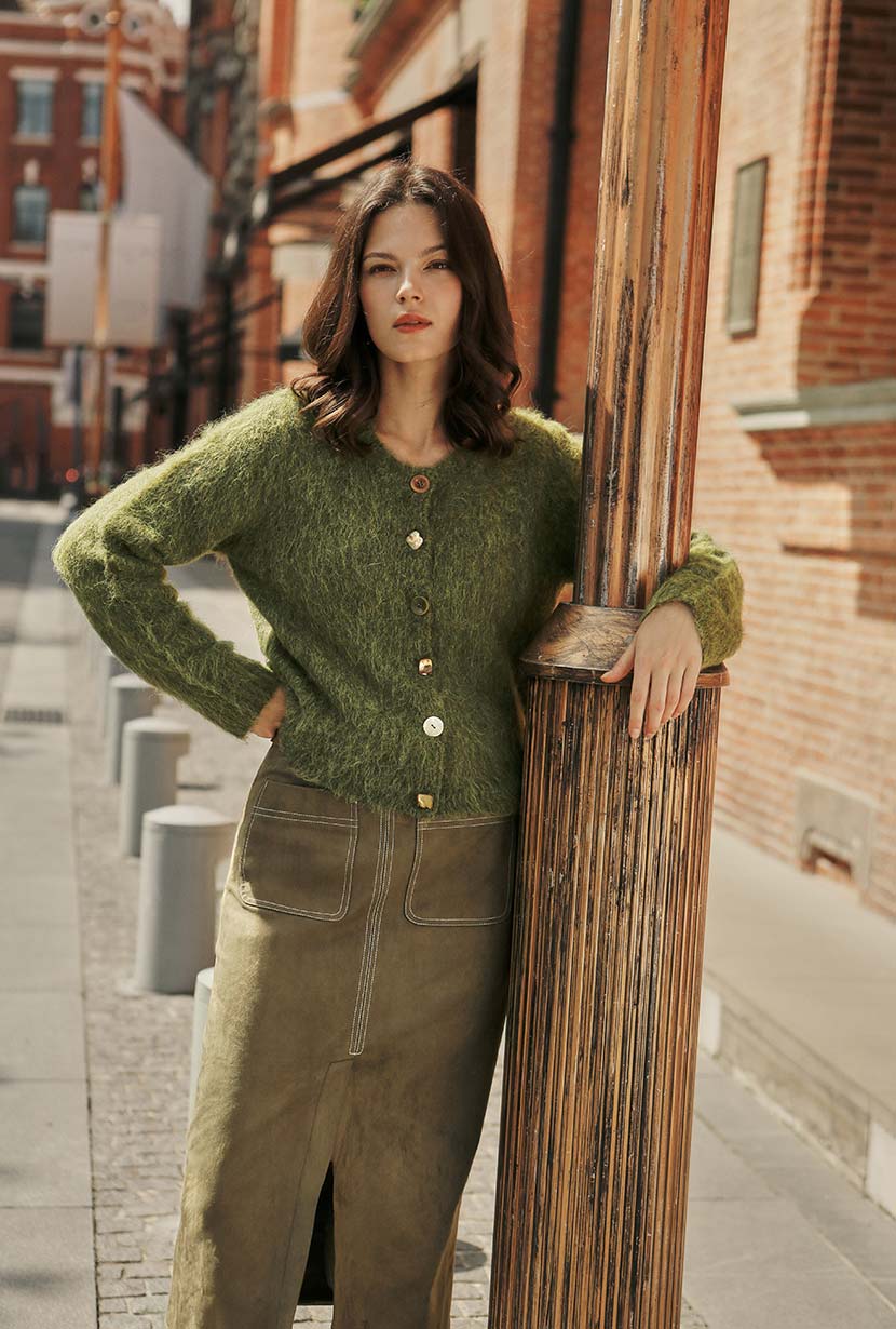 Debbie Suede Pencil Skirt - Kahki Green - Image 3
