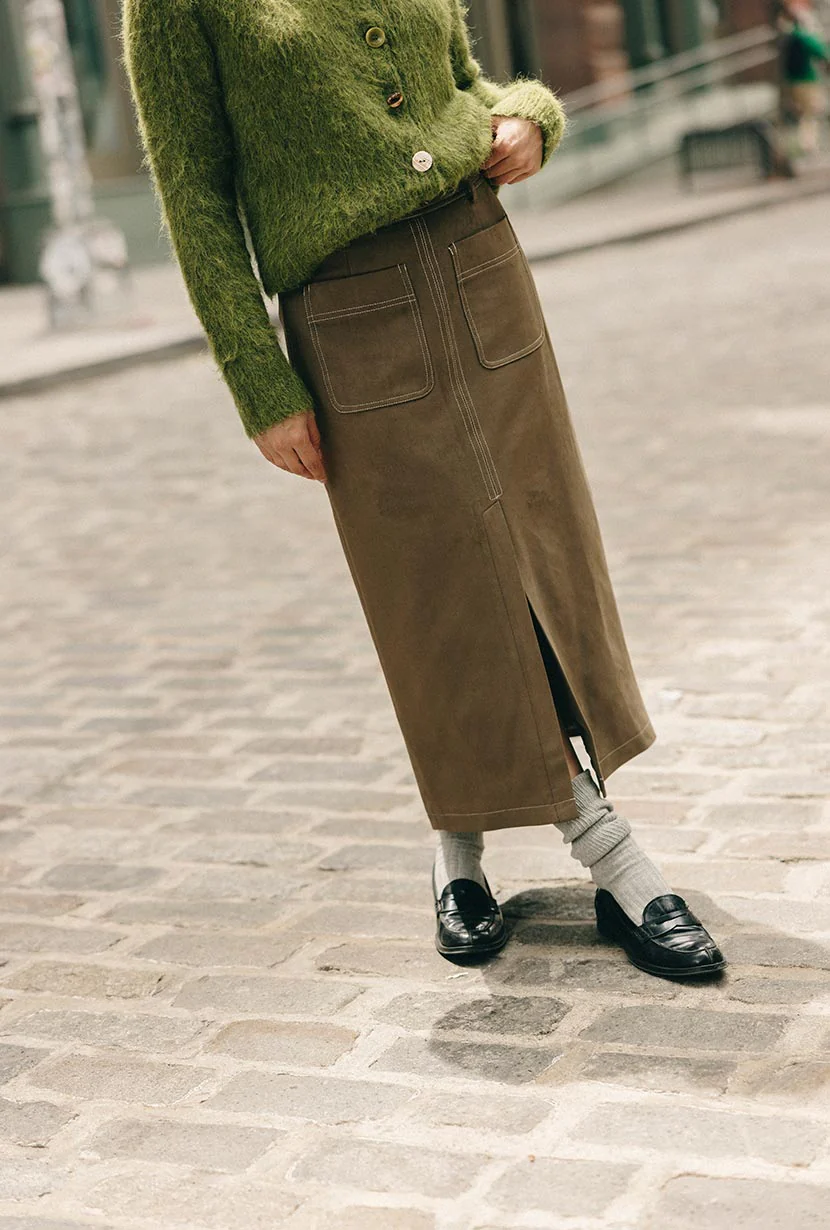 Debbie Suede Pencil Skirt - Kahki Green - Image 5